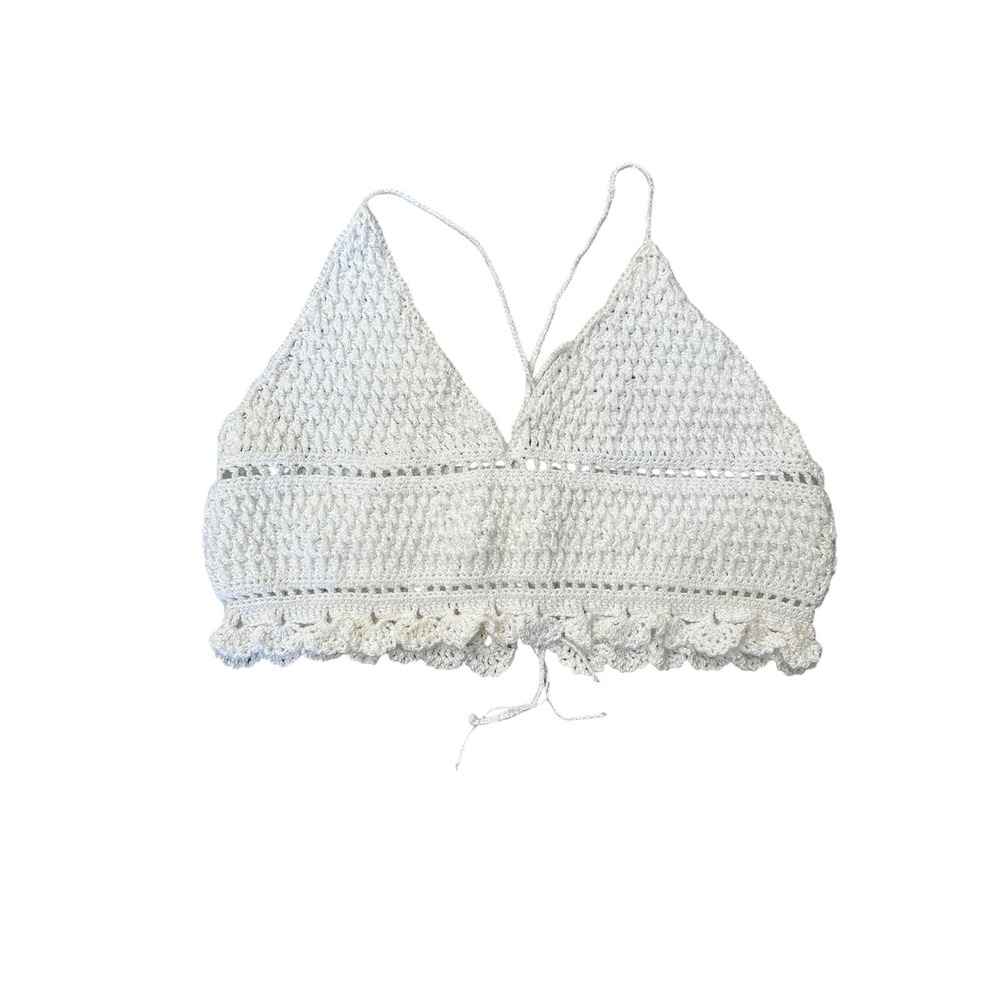 Handmade Crochet Iridescent White Crop Triangle Top L Festival Cottage Boho Knit - Picture 5 of 9